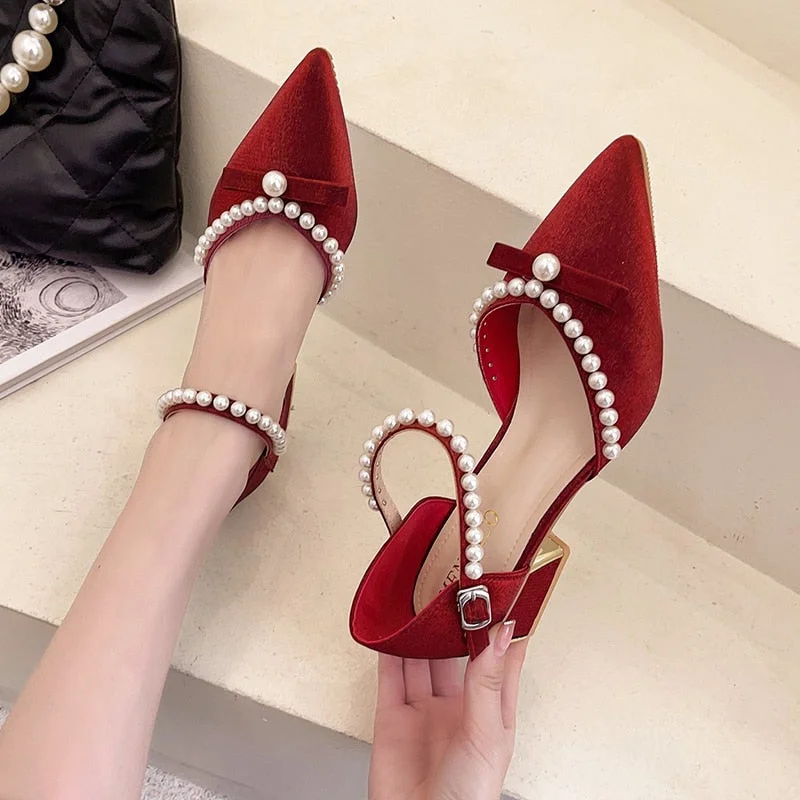 Elegant Ladies Red Silk Pearl Pumps Spring Summer Ankle Strap Square Heels Sandals Women 2022 Fashion Wedding Party Shoes