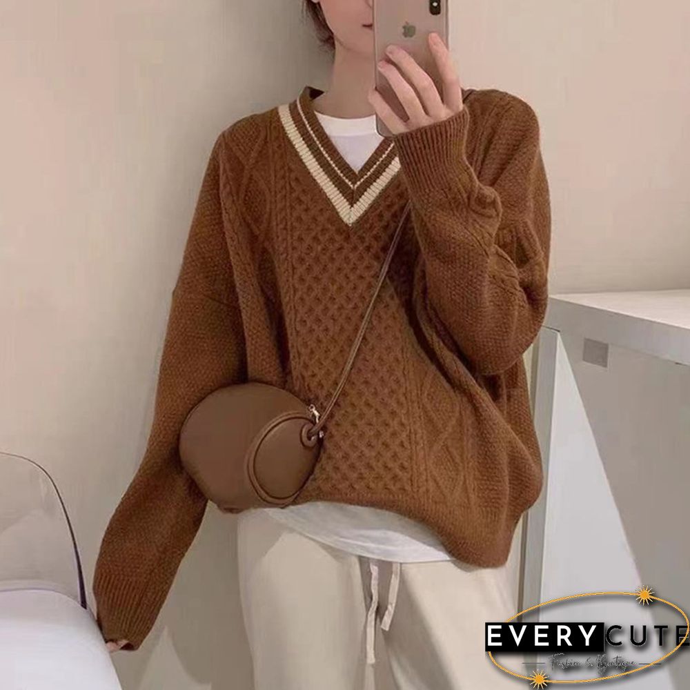 Simple And Versatile Contrast Color Thread Sweater