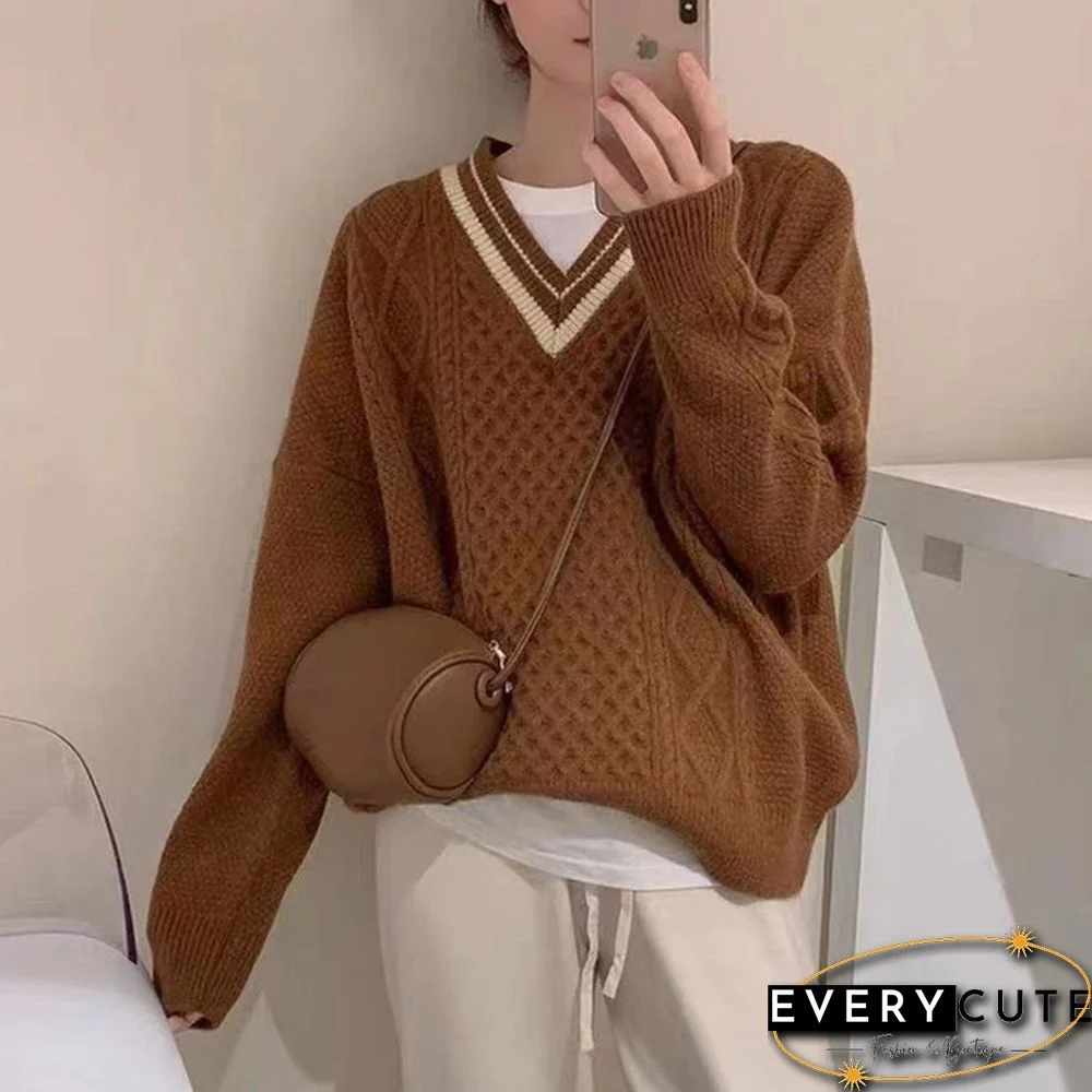 Simple And Versatile Contrast Color Thread Sweater