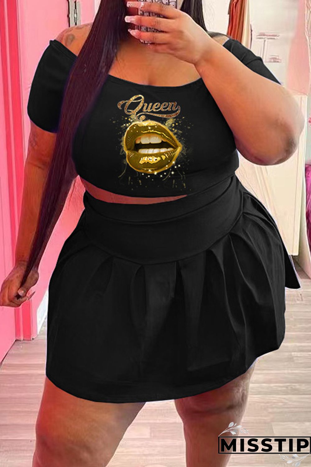 Black Fashion Casual Lips Printed Basic O Neck Short Sleeve Two Pieces