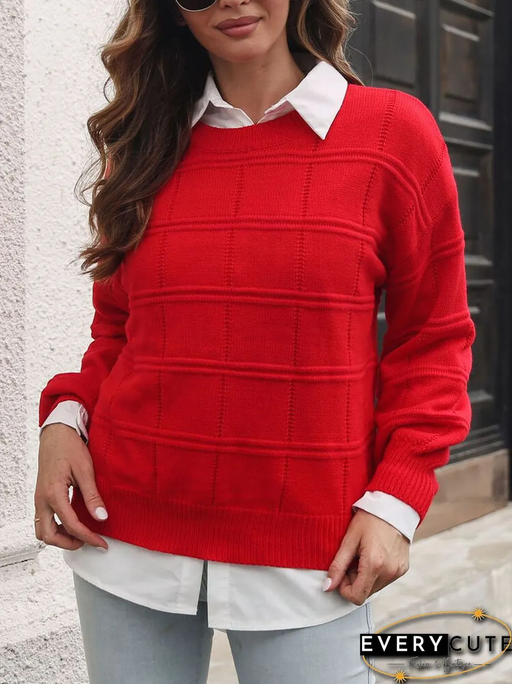 Check Pattern Long Sleeve Crew Neck Loose Sweater