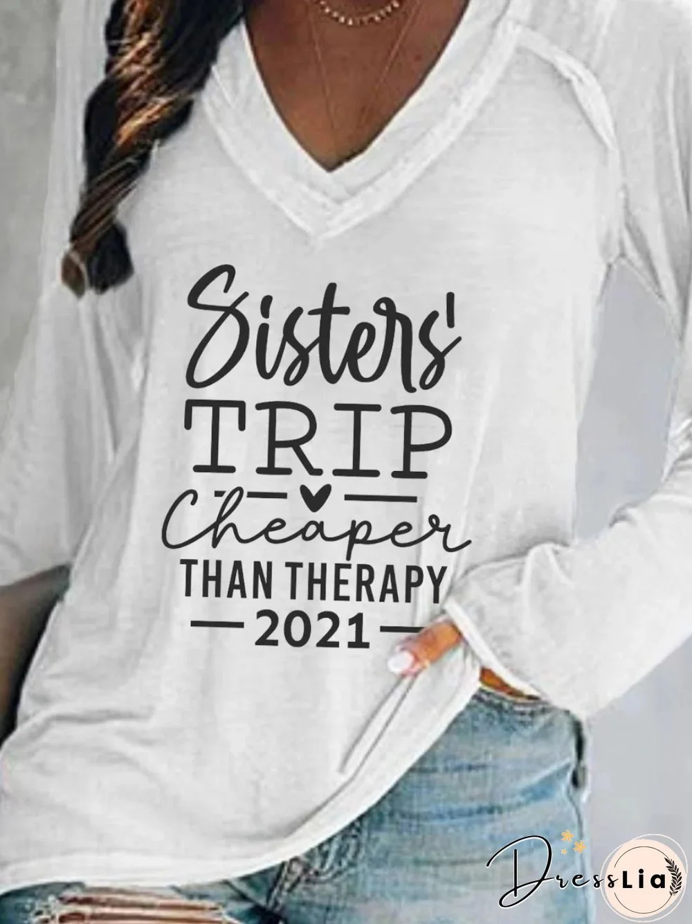 Long Sleeve V Neck Plus Size Printed Tops T-Shirts