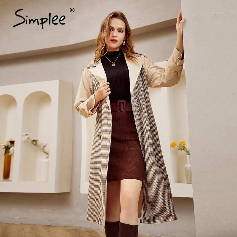 Simplee Causal light tan autumn women trench coat Split joint elegant long sleeve coat Plaid long coat with belt windbreaker