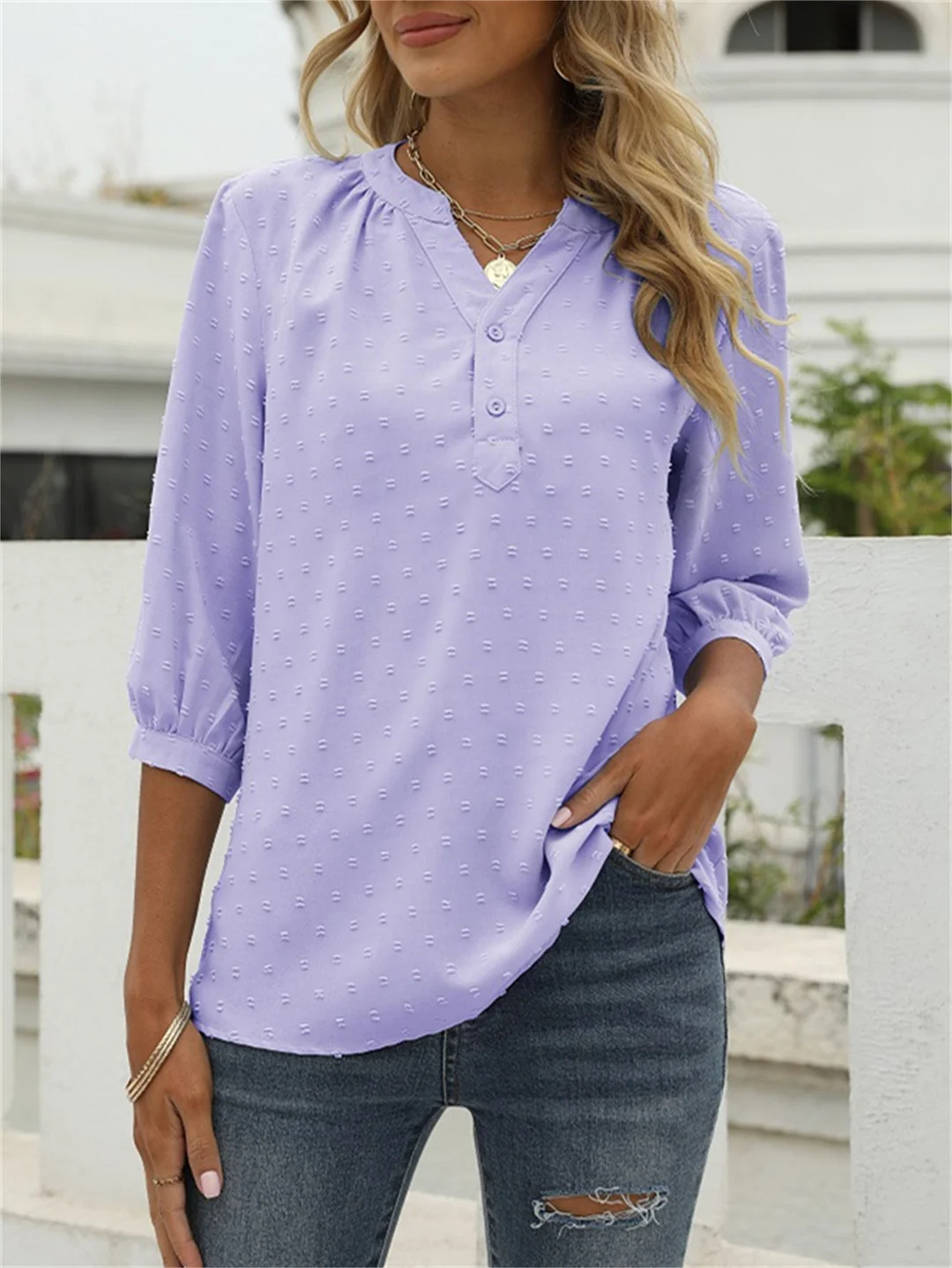 Women Half Sleeve V-neck Solid Color Buttons Tops