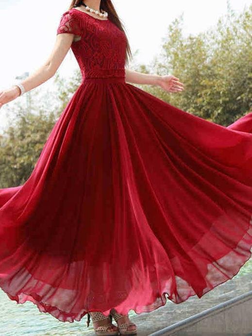 Elegant Solid Color Chiffon Short Sleeve Maxi Dress