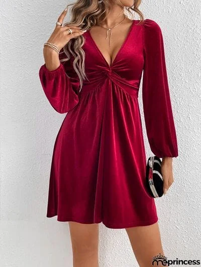 Twisted V-Neck Balloon Sleeve Mini Dress