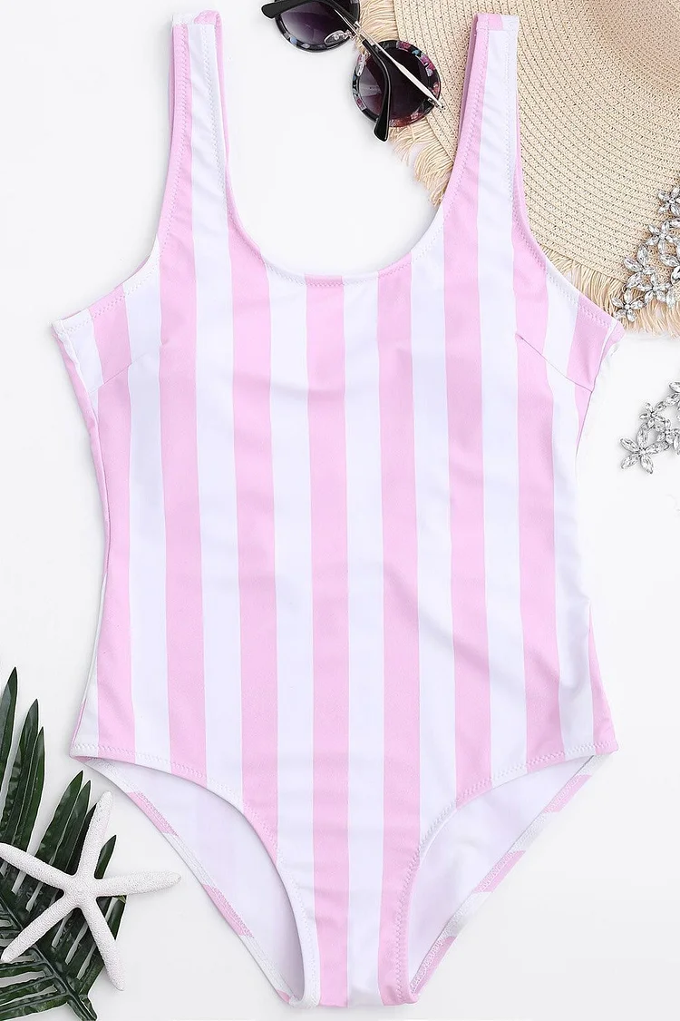 Pink Stripe Low Back Cute One Piece Swimsuit-elleschic