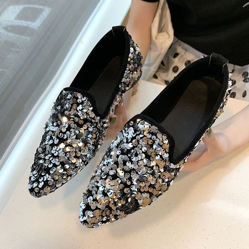 Fashion Women Ballet Shoes Leisure Spring Autumn Ballerina Bling Flash Sequins Flats Shoes Princess Shiny Pointed Wedding Shoes