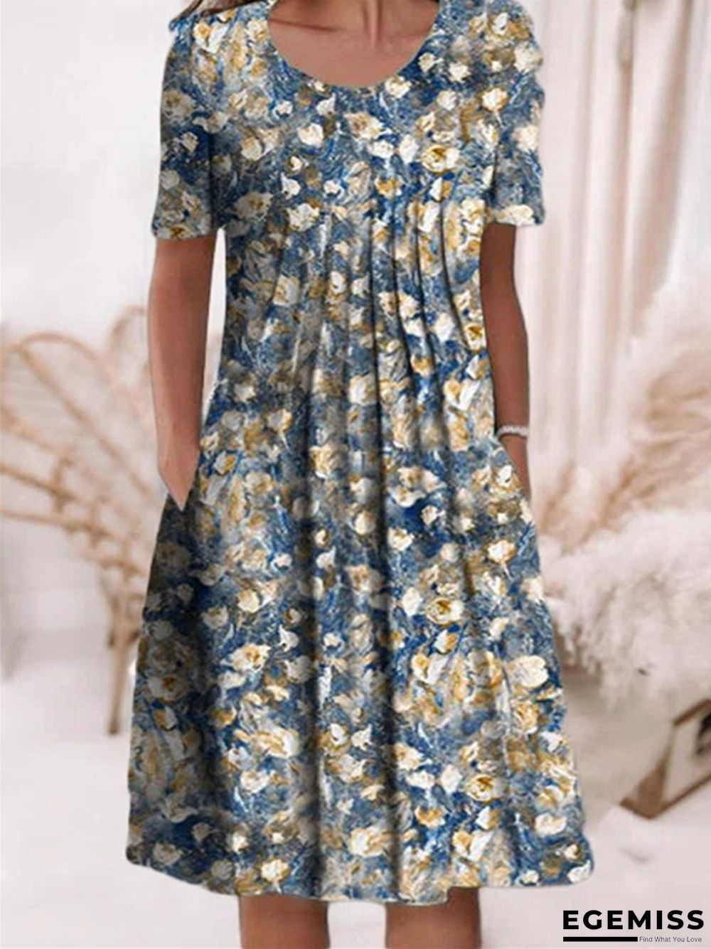 Casual Flower Round Neck Medium Length Straight Dress | EGEMISS