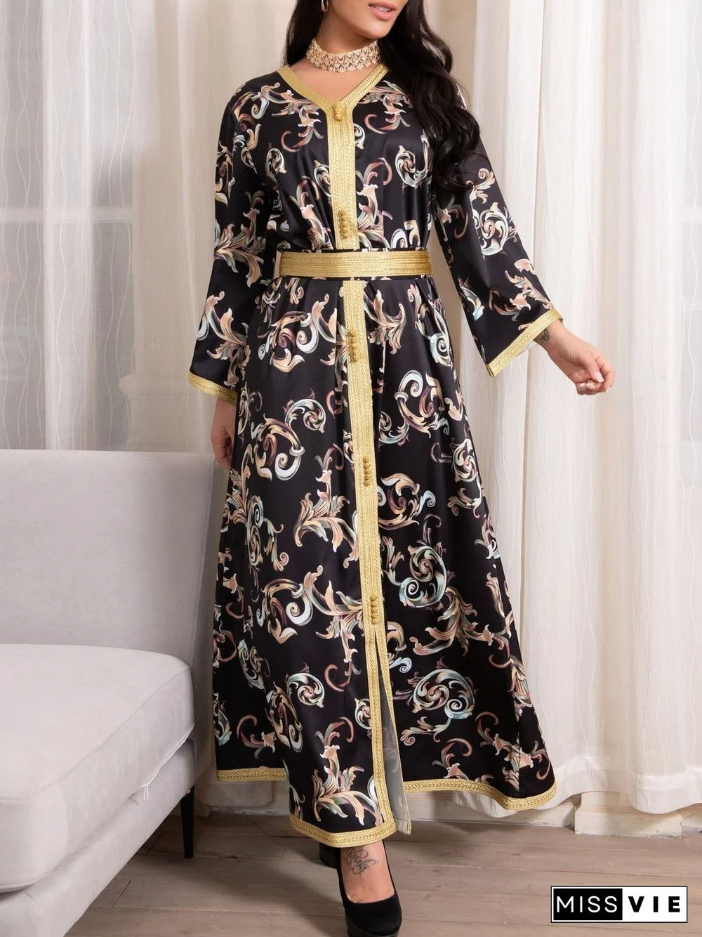 V Neck Long Sleeve Gold Belt Decorated Dress