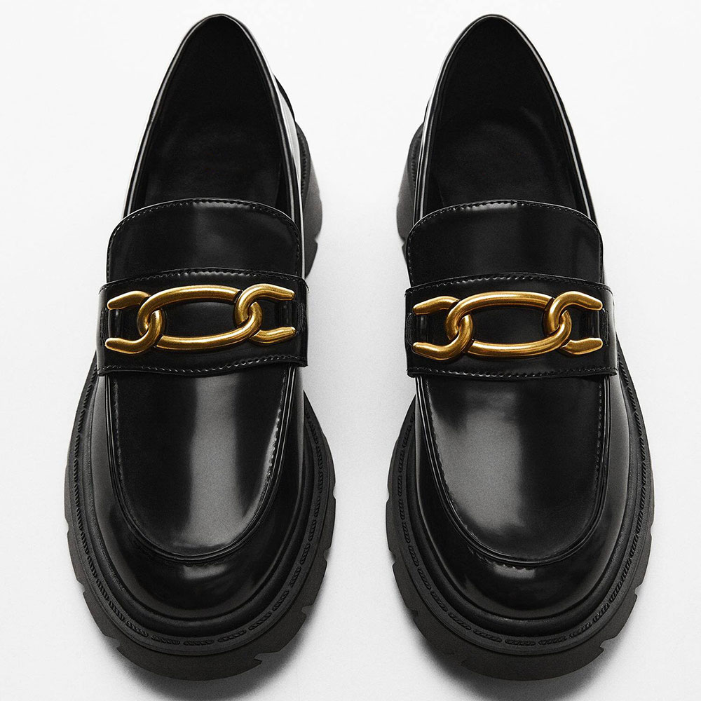 Black Patent Leather Round Toe Slip On Loafers With Chunky Heels 