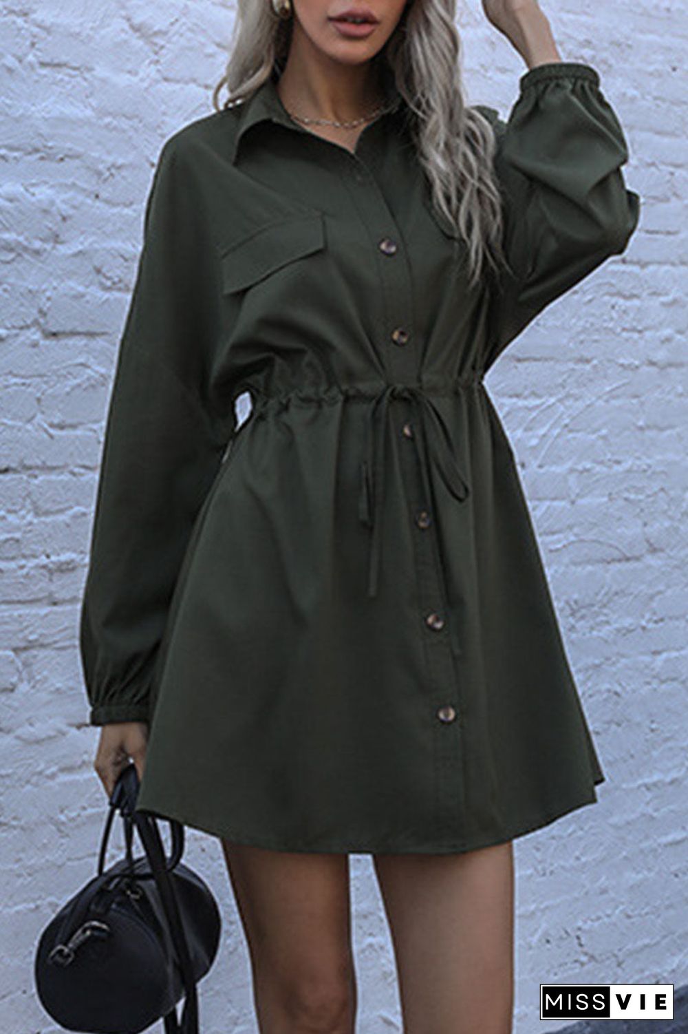 Fashion Street Solid Patchwork Turndown Collar A Line Dresses