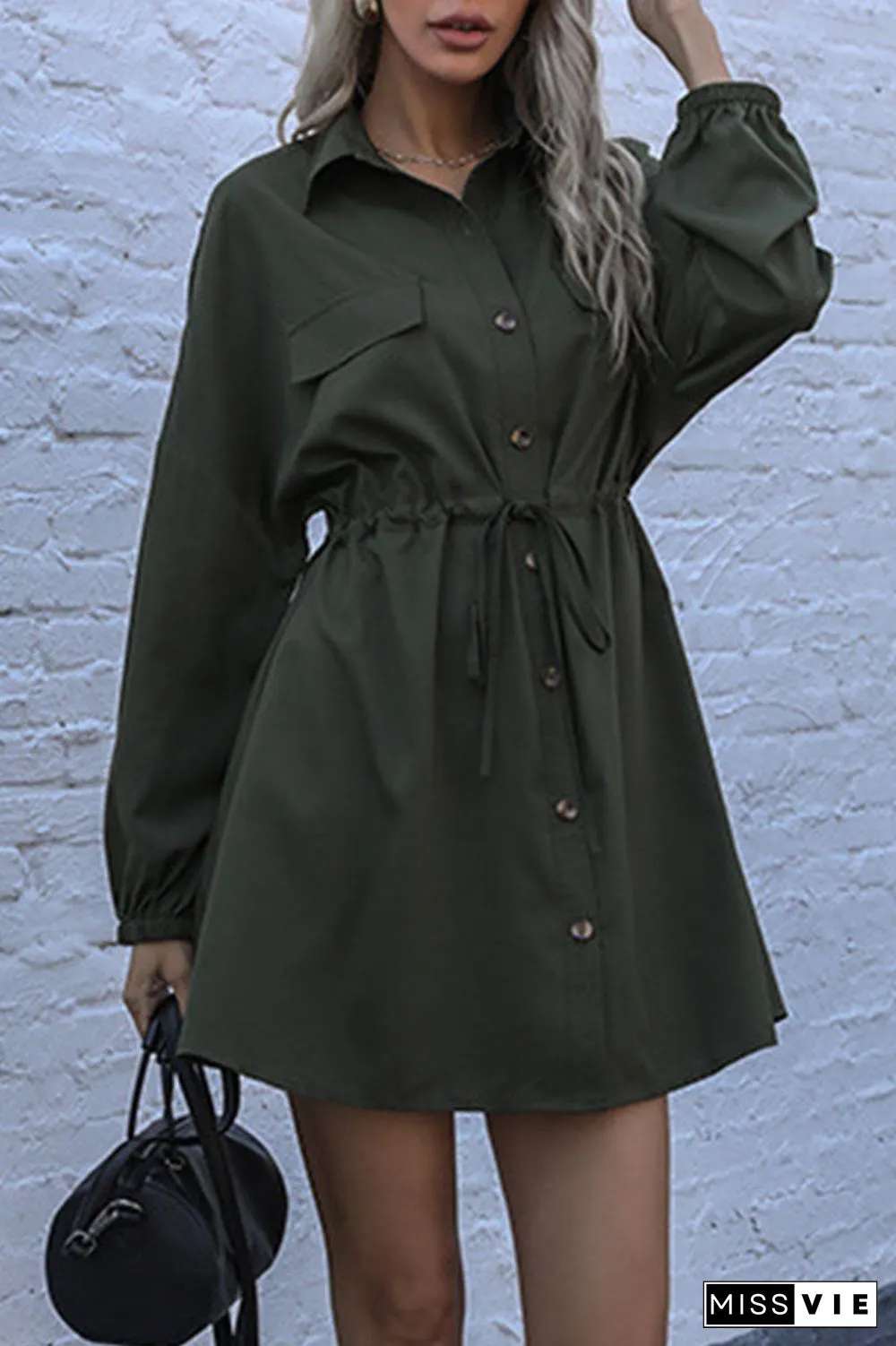 Fashion Street Solid Patchwork Turndown Collar A Line Dresses