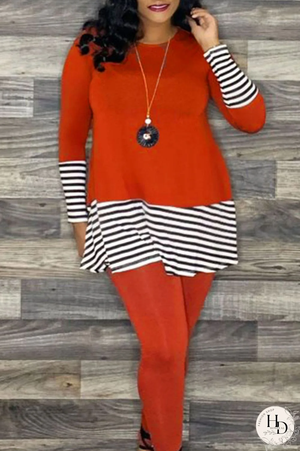 Orange Casual Striped Patchwork O Neck Long Sleeve Two Pieces