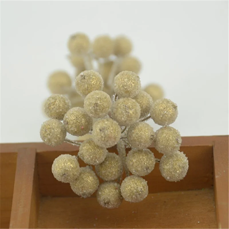 20pcs Mini Double Heads Artificial Glass Berries Pomegranate Red Cherry Bouquet Stamen Christmas Decorative DIY Craft Fake Fruit