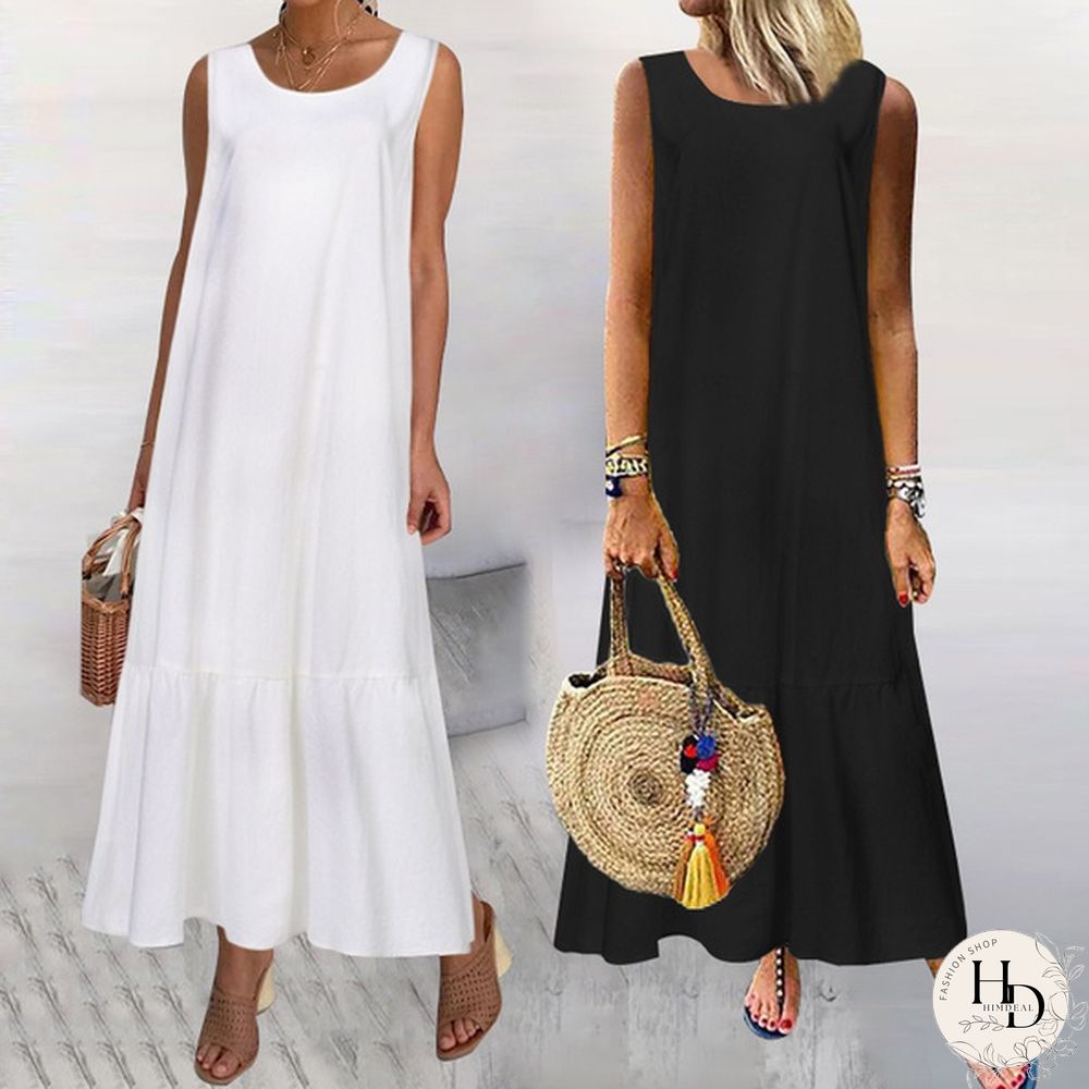 Sumemr Beach Holiday Sundress Women Sleeveless Ruffles Hem Long Dress Cotton Linen Casual Loose Pleated Kaftan Dress Plus Size