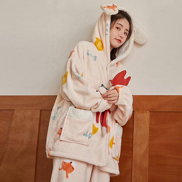 Ears Fox Hooded Plush Pajamas Set - Modakawa Modakawa