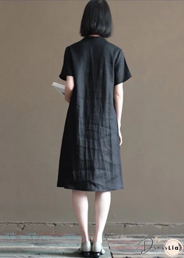Vintage Solid Black Mandarin Collar Button Linen A Line Dresses Short Sleeve