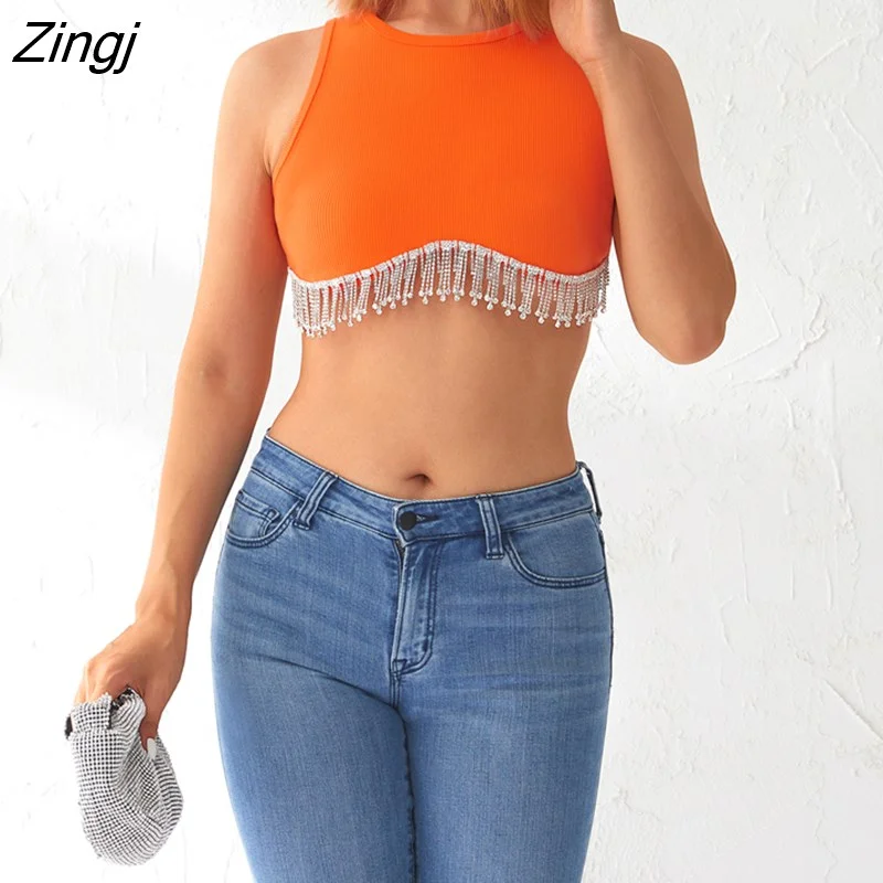 Zingj Women Ribbed Sleeveless Round Neck Crop Tops Rhinestone Tassel Hem Design Solid Color Summer Streetwear Tank Tops