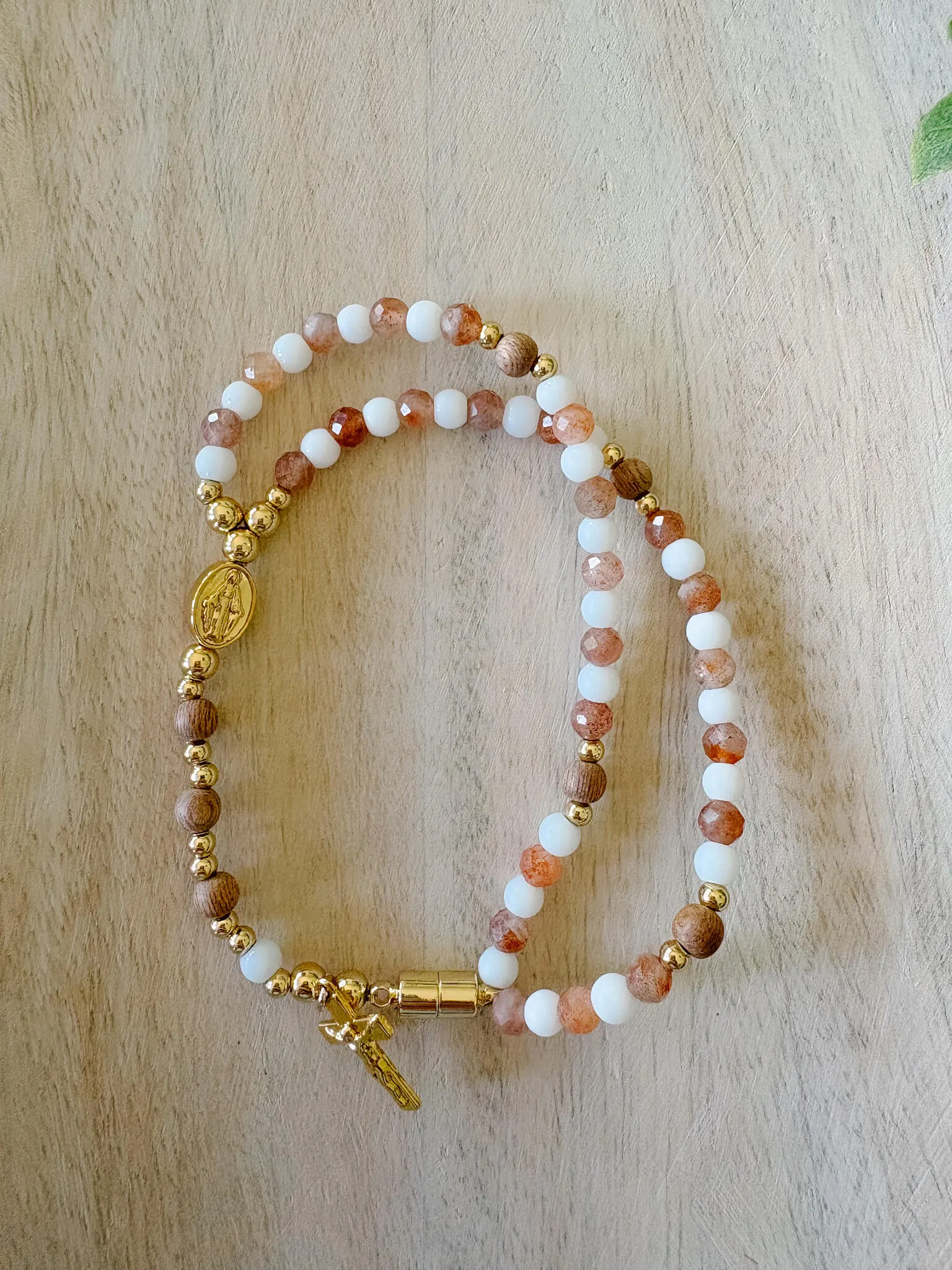 White & Pink Rosewood Full Rosary Bracelet