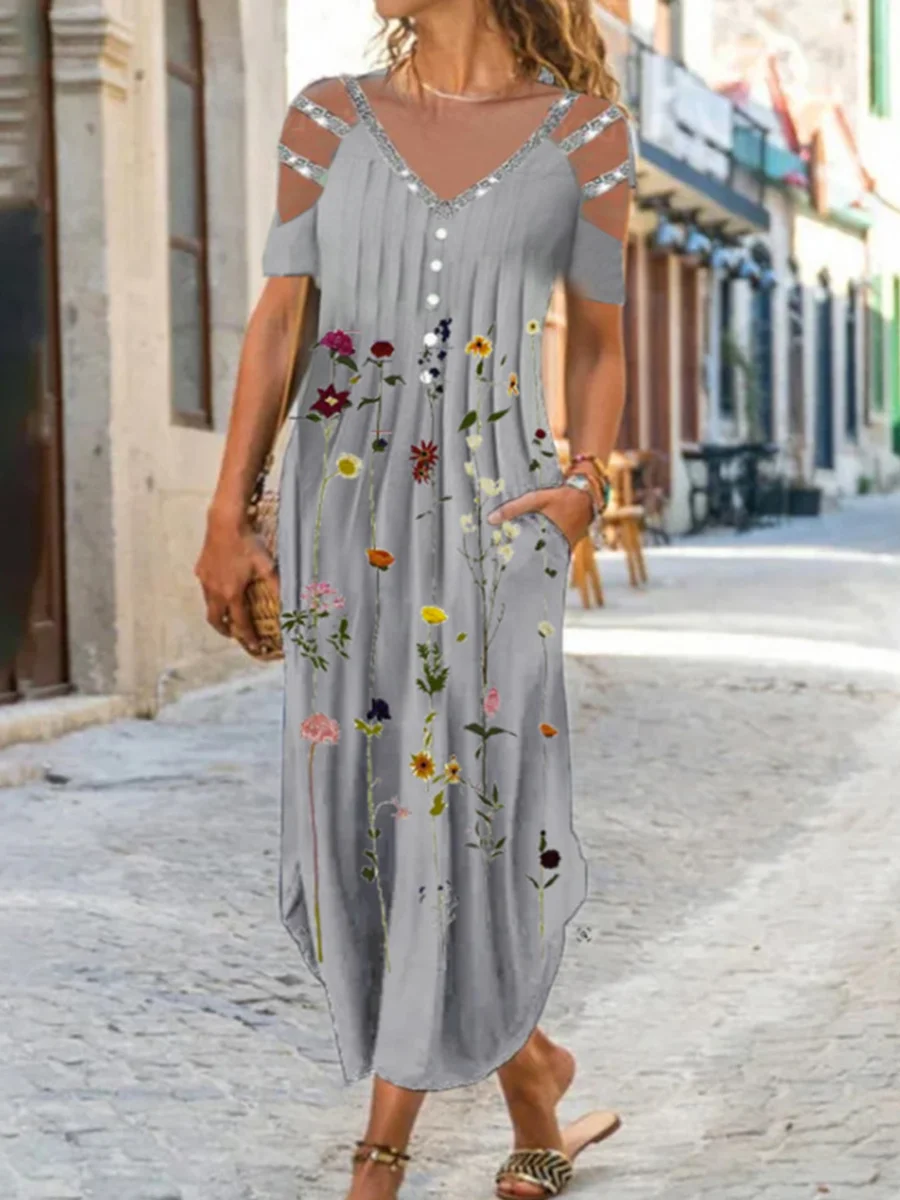 Casual Print Floral V-Neck Short Sleeve Off Shoulder Maxi Dress