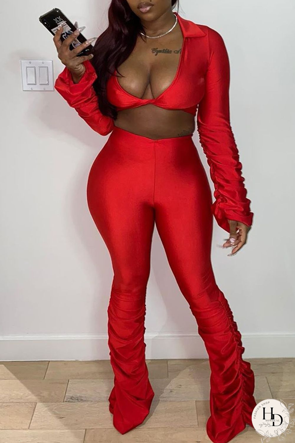 Red Sexy Casual Solid Fold Turndown Collar Long Sleeve Two Pieces