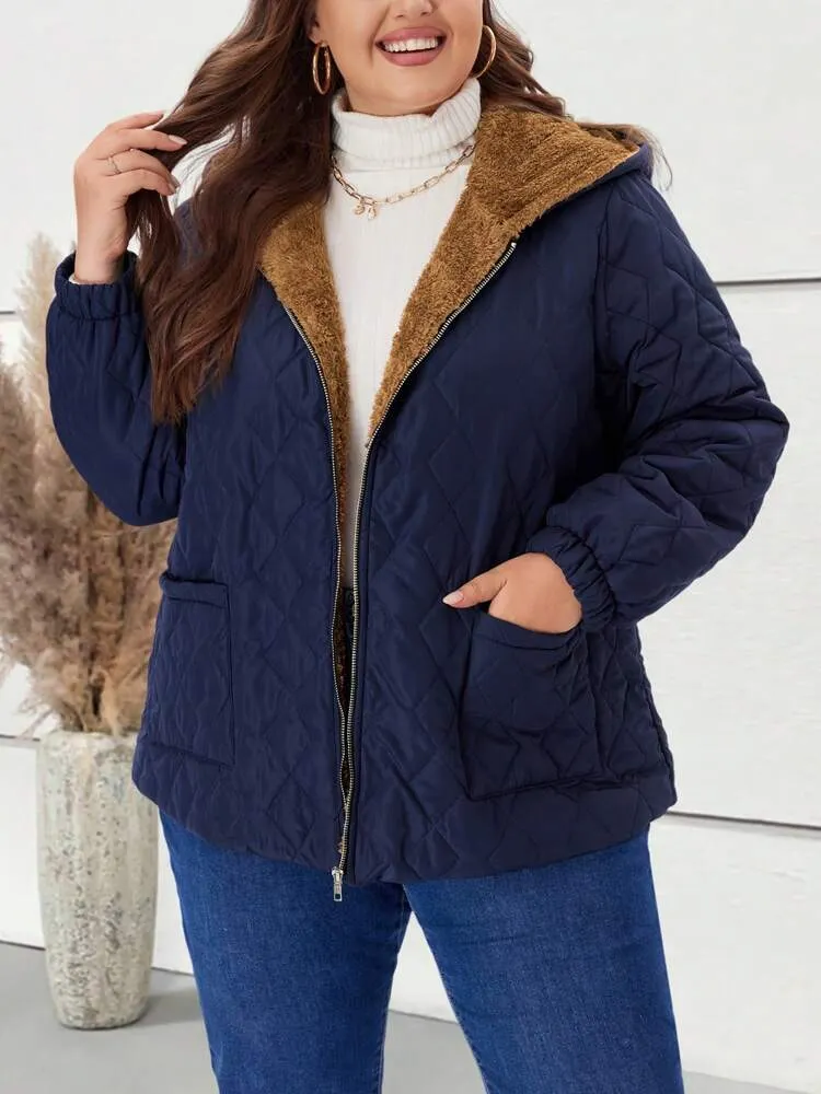 Plus Size Women's Hooded Zipper Casual Fleece Padded Coat With Pockets