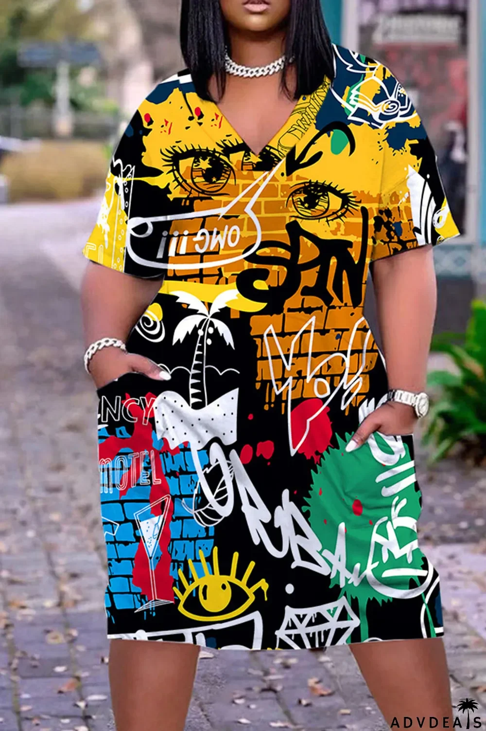 Light Brown Casual Work Print Patchwork V Neck Straight Dresses