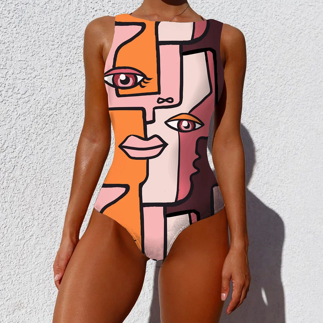 Uveng Swimsuit2025 New Conjoined Bikini Personality Abstract Print Swimsuit Women Sleeveless