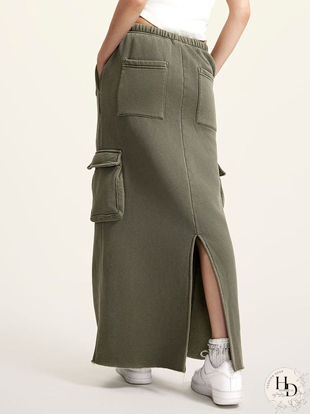 Multiple Pocket Back Slit Cargo Maxi Skirt