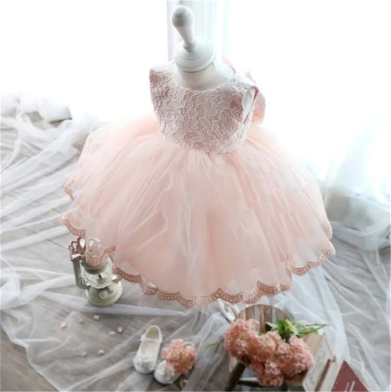 Uveng 2021 Infant Baby Girls Flower Dresses Christening Gowns Newborn Babies Baptism Clothes Princess tutu Birthday White Bow Dress