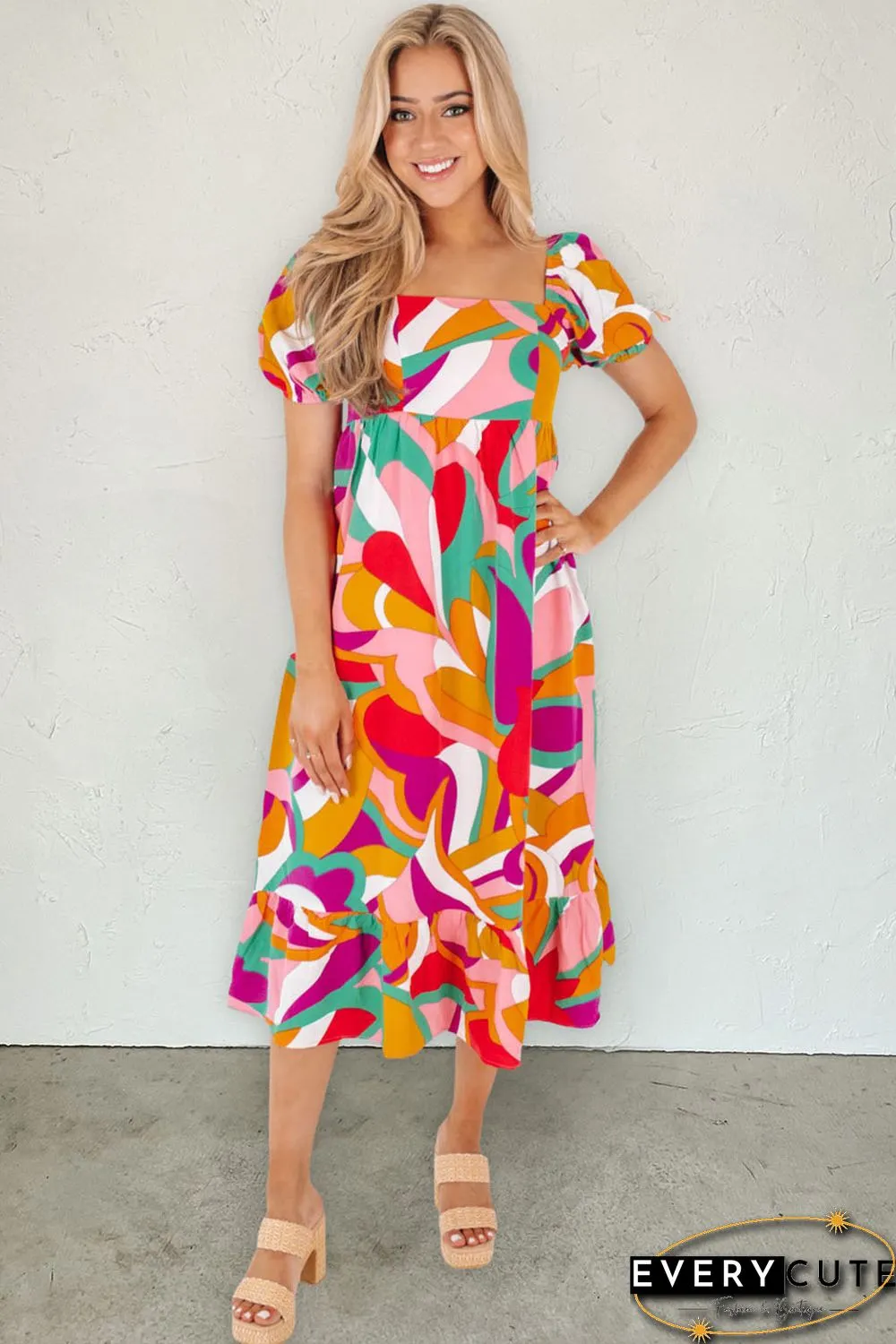 Red Abstract Print Square Neck Flowy Midi Dress
