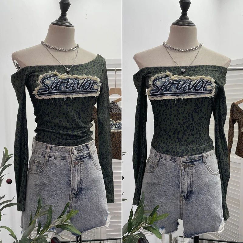 Nigikala Nigikala Girls Letter Sticker Leopard Long-Sleeved T-Shirt 2025 Autumn New Thin Short Top 1112