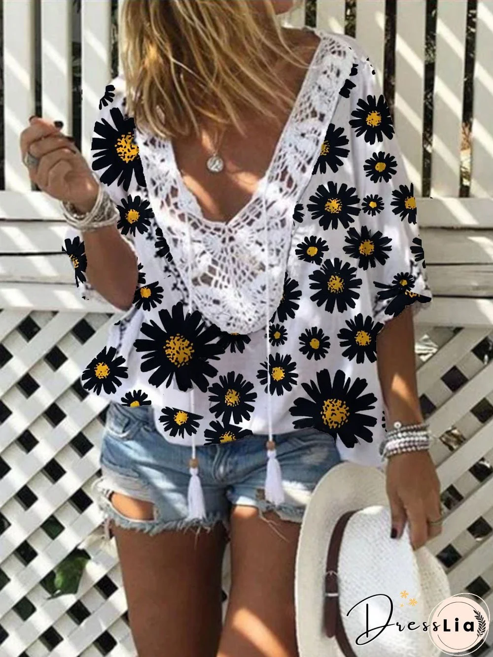 Retro holiday casual loose little daisy V-neck top