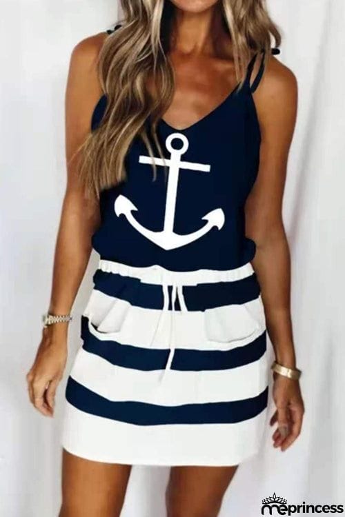 Fashion Lace Up Stripe Sling Vest Dress