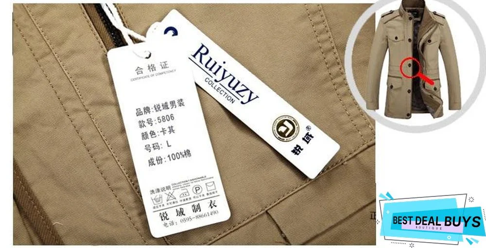 Mens Fashion Brand Casual Jacket Stand Collar Fat Slim Washed Cotton Long Jacket Coat Outwear