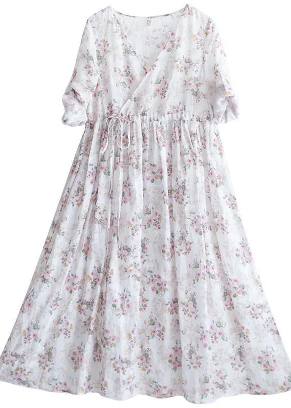 Modern V Neck Drawstring Summer Beige Print Kaftan Dress