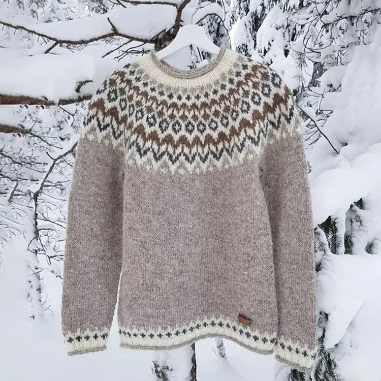 Comstylish Vintage Icelandic Knit Jacquard Islender Crew Neck Sweater（Unisex）