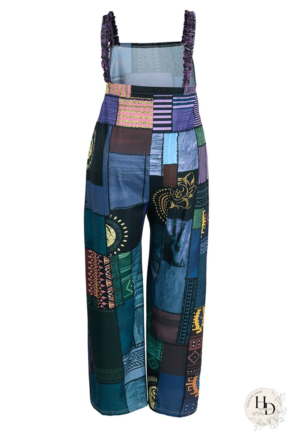 Blue Fashion Casual Street Print Patchwork Spaghetti Strap Loose Jumpsuits