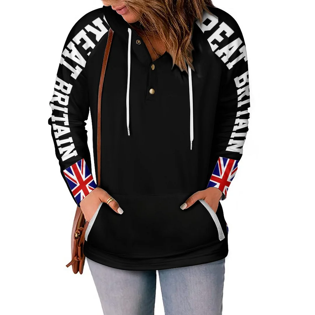 SFNEEWHO Women Great Britain British Union Jack Flag Hooded Sweatshirts Button  Collar Drawstring Hoodies Loose Pullover Tops 27.82