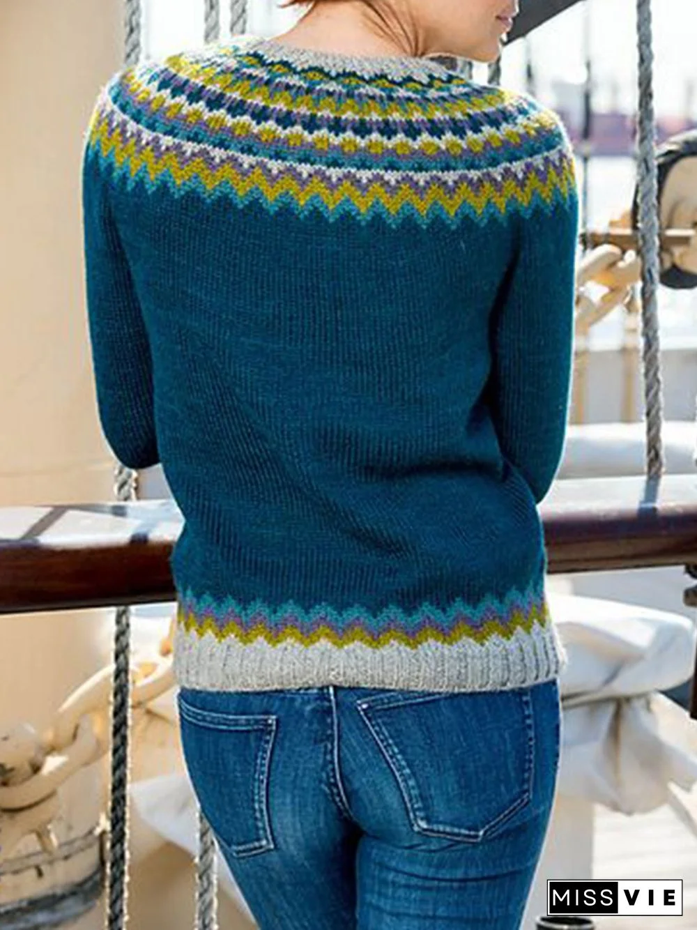 Women Vintage Ethnic Winter Polyester Micro-Elasticity Daily Plus Size Long sleeve Crew Neck Sweater