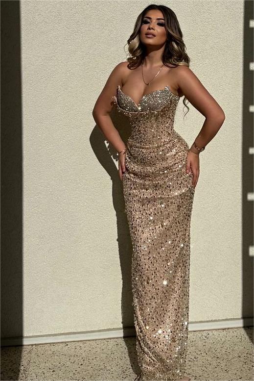 Lvs&Broner Chic Sequins Strapless Sleeveless High Waist Long Prom Dress With Beadings