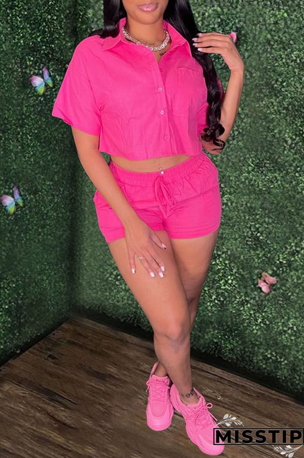 Cyan Casual Solid Patchwork Buckle Turndown Collar Short Sleeve Two Pieces