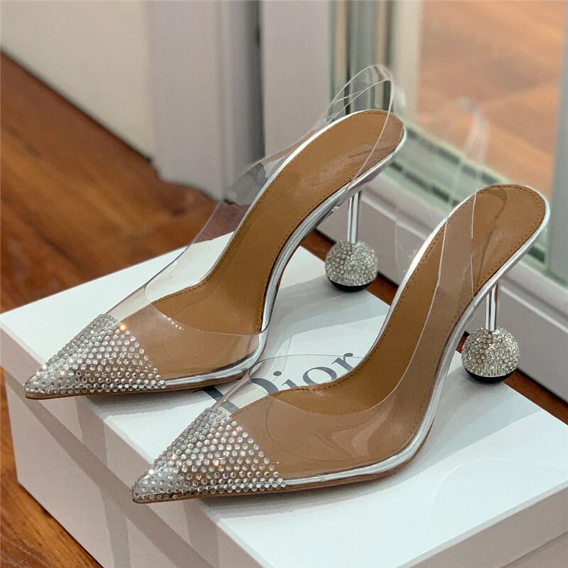 VCSHOES Jeweled Crystal Pointed Toe Sandals Women Diamond Rhinestone Spherical Strange Heel PVC Transparent Slingbacks Shoes