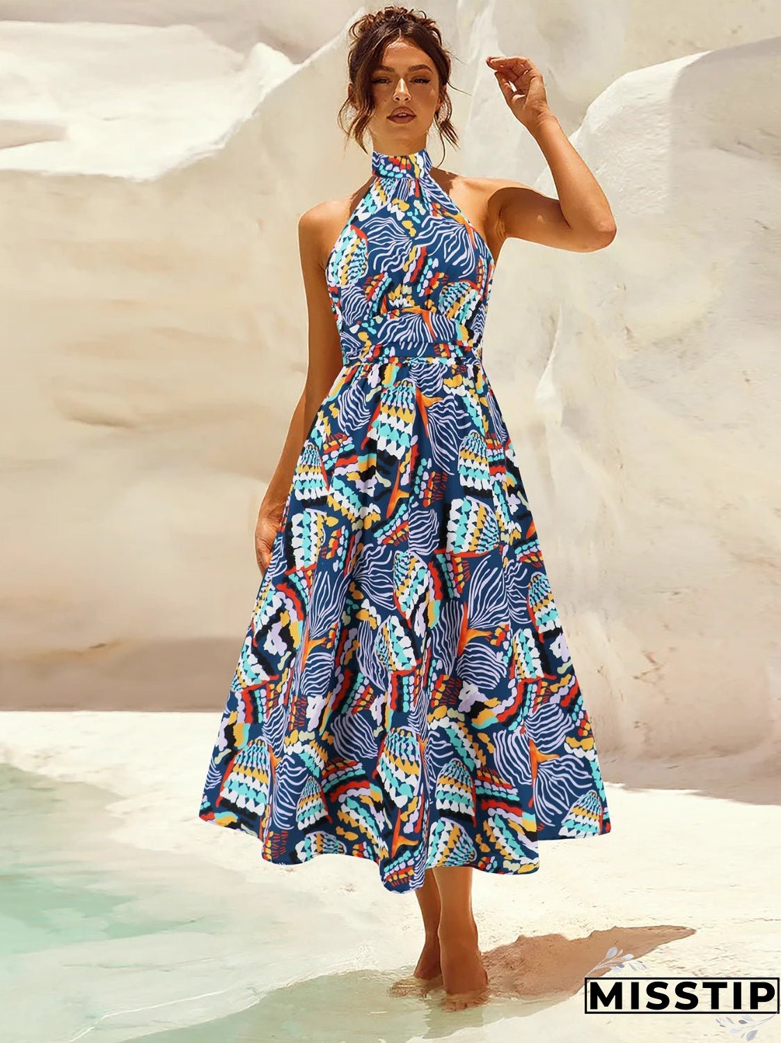 Ruched Printed Halter Neck Sleeveless Dress