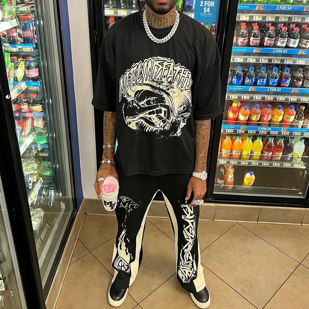 Personalized Vintage Punk Letters Print Graphic Short Sleeve Tee & Flared Trousers Two Piece Set