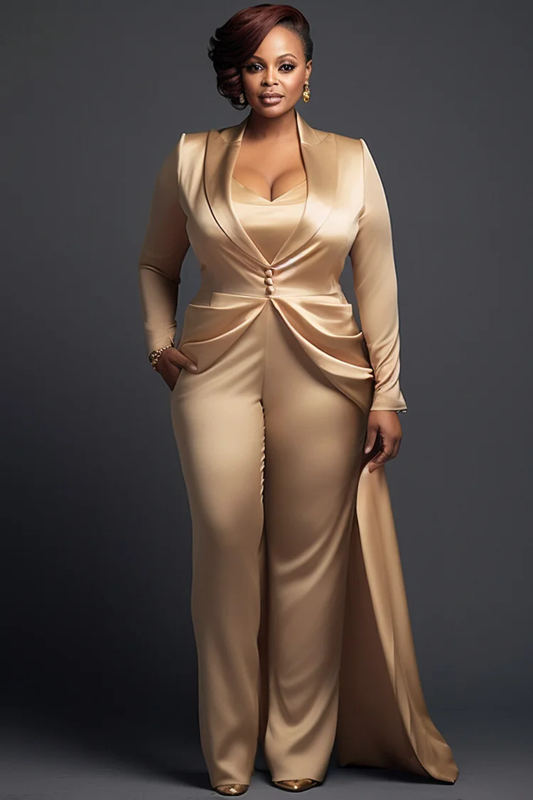 Xpluswear Design Plus Size Formal Champagne Elegant Turndown Collar Long Sleeve With Skirt Overlay Pocket Satin Two Piece Pant Suits [Pre-Order] 2024 - Xpluswear