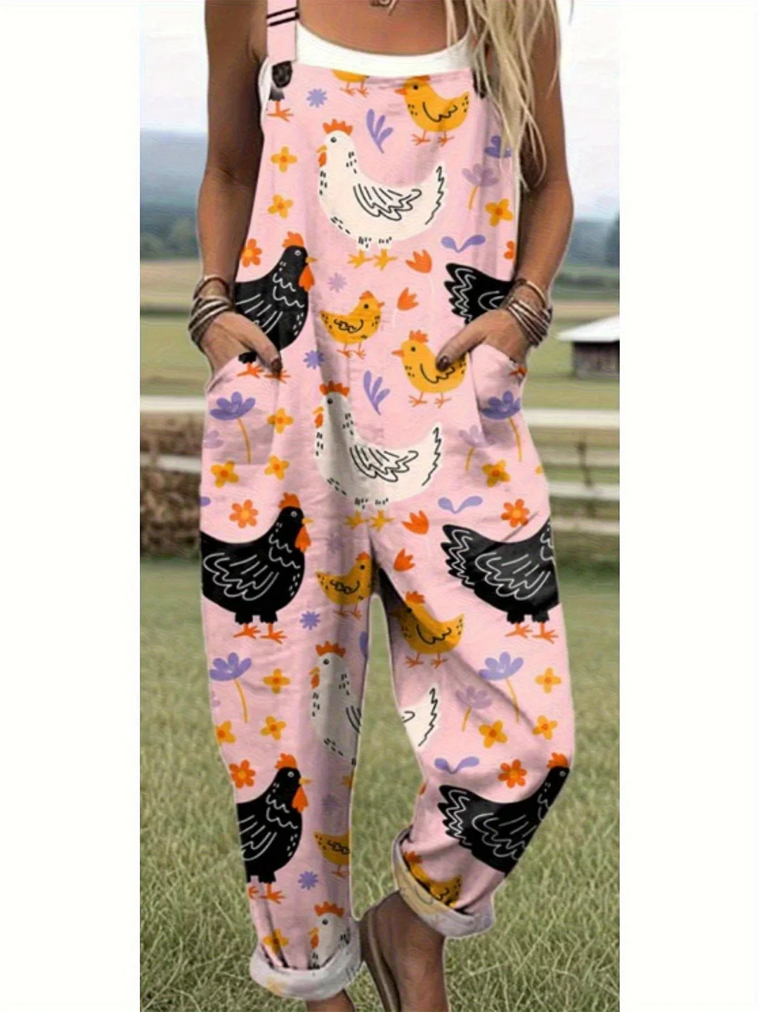 Women‘s Cute Chicken Print Overalls - Sleeveless A-Line Romper with Back Strap & Pocket, Breathable Polyester Wide-Leg Shorts, Machine Washable Casual Outfit for Spring Summer Fall, Farm Visits, Picnics & Casual Attire (Pink with Black Chicken Pattern) | IFYHOME