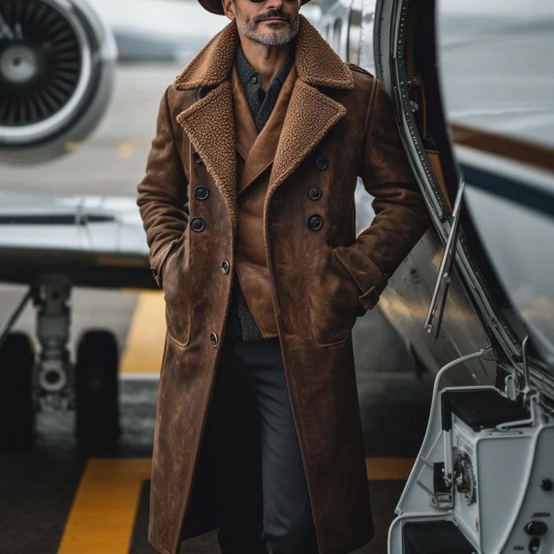 Men's Vintage Notched Lapel Sherpa Lining Leather Coat