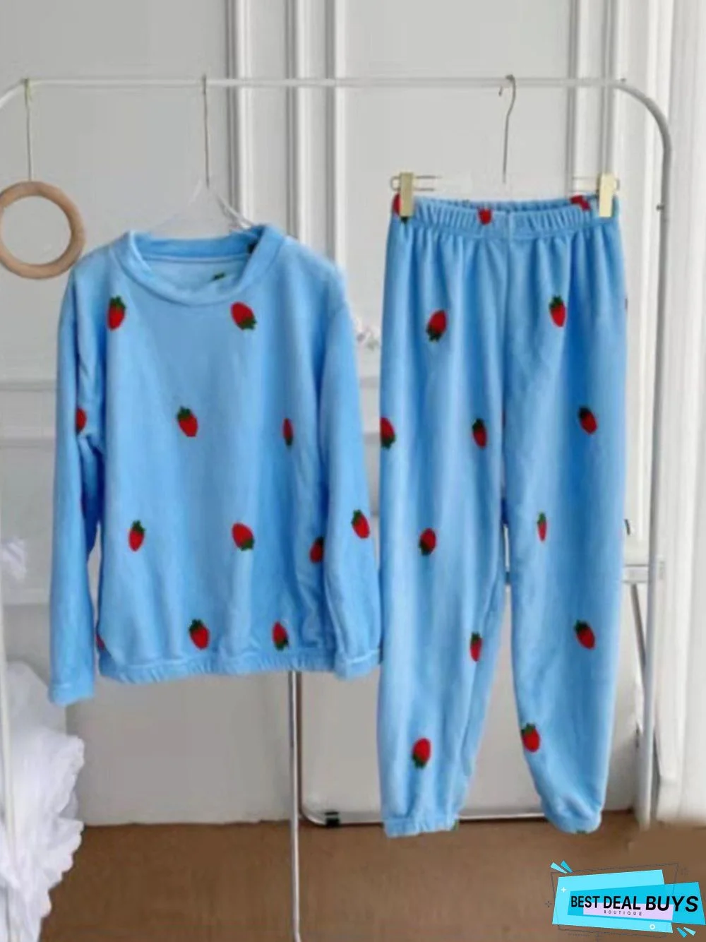 Strawberry Print Long Sleeve Pants Casual Loungewear Two Piece Plus Size